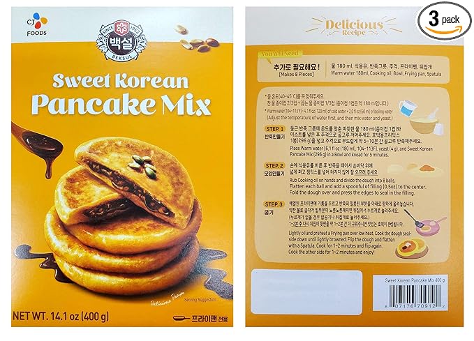 Korean Fancy Hotcake Mix CJ Beksul Korean Sweet &amp Green Tea Pancake Mix Hotteok (14.10 oz 400g)  국민꿀간식 CJ 백설 호떡 녹차호떡 믹스 바로 구워 먹는 쫄깃한 호떡 (Sweet 3 Packs)