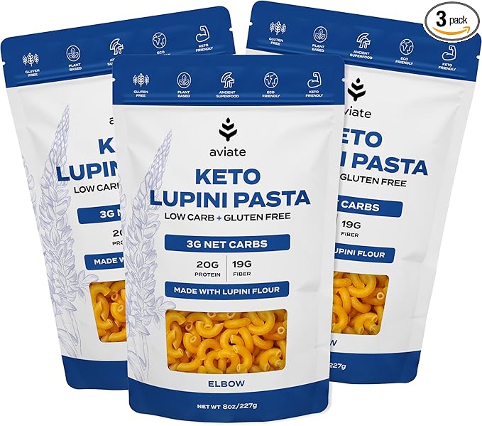 Aviate Keto Pasta Elbows - Low Carb (3g Net) Lupini Noodles High Protein (20g) Gluten-Free Made with Lupin Flour Plant Based Vegan Keto-Friendly Low Carb - Macaroni Elbows (8oz) (Pack of 3)