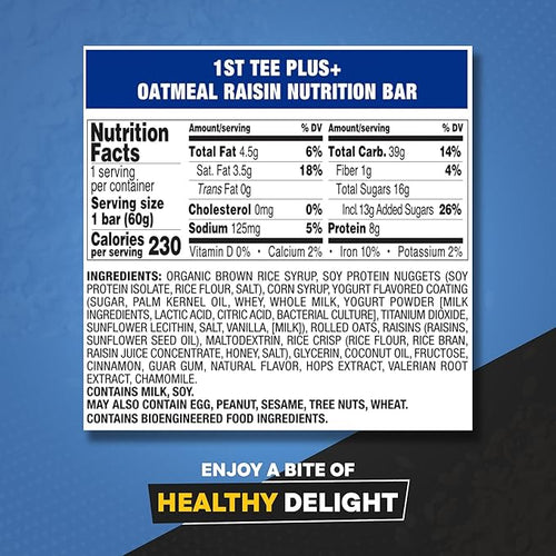 1st Tee PLUS+ Oatmeal Raisin bars made with Natural Ingredients Breakfast Bars | Best Oatmeal Bars Golf Nutrition Bar Easily Digestible Balanced Nutrition Bars 12-60 grams bars