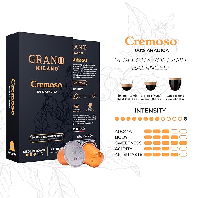 Grano Milano Cremoso Coffee Capsules - 100 Aluminum Coffee Pods Compatible with Nespresso Original line100% Arabica Medium Roast - Intensity 8/12 Made in Italy
