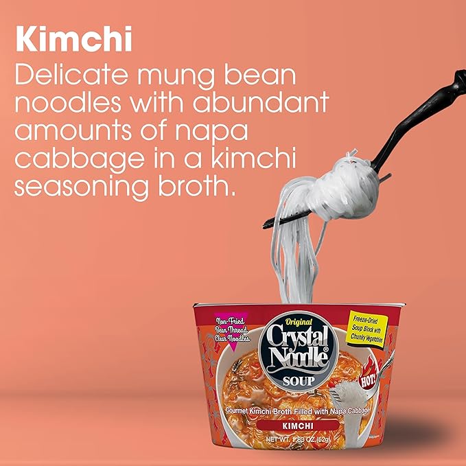 Crystal Noodle Soup Kimchi Savory Broth Filled with Spicy Napa Cabbage (Pack of 6 Cups) 1.83 OZ