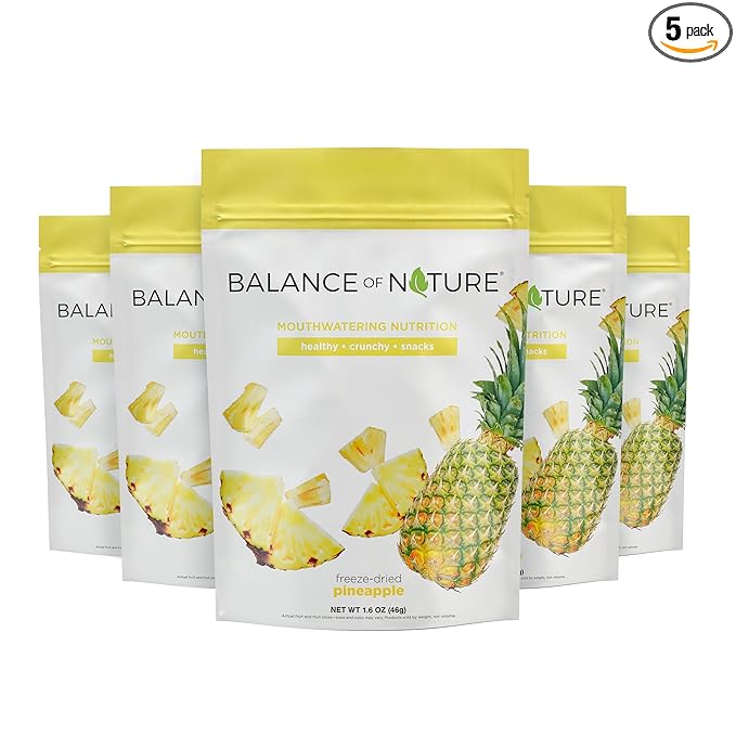 Balance of Nature Freeze-Dried Pineapples (5 Pack) – 100% Real Fruit Crunchy Pineapple Slices Healthy Snack Mouthwatering Nutrition Gluten-Free Vegan No Sugar Added Five 1.6 oz Bags