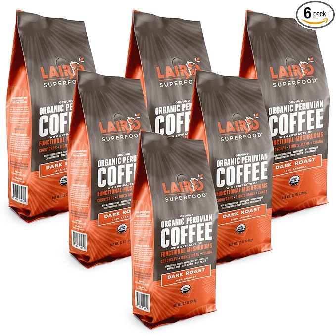 Laird Superfood Peruvian Dark Roast Coffee with Functional Mushrooms Certified Organic Peruvian Ground Coffee Beans Gluten-Free Dairy-Free Non-GMO Paleo Keto Friendly 12 oz. Bag Pack of 6