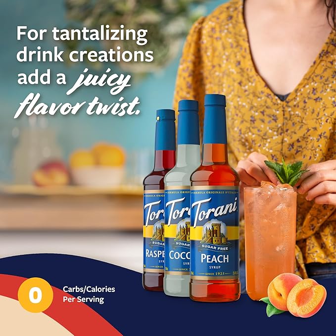 Torani Sugar Free Syrup Variety 3-Pack Peach Coconut and Raspberry Syrup for Drinks Zero Calories Pumps Included 25.4 Fl Oz Ea