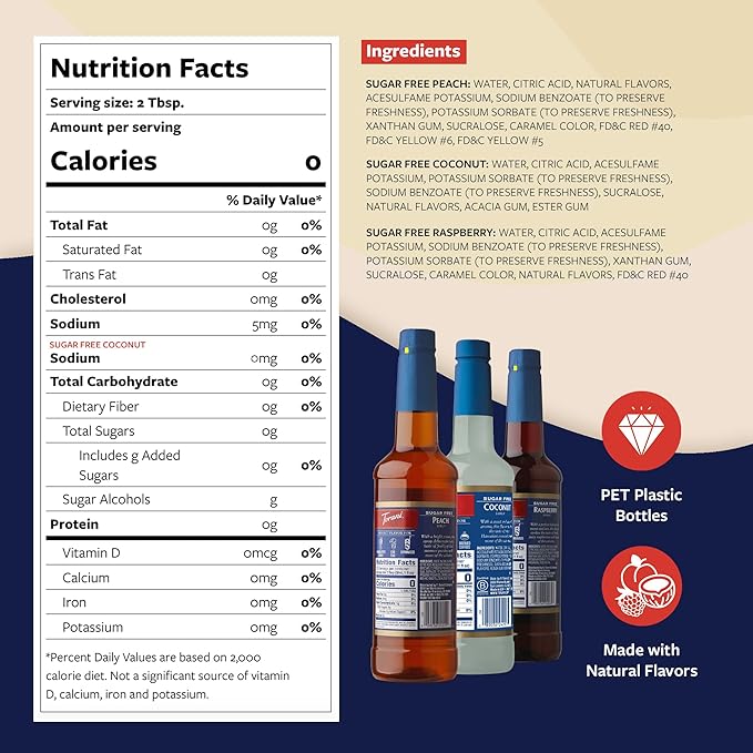Torani Sugar Free Syrup Variety 3-Pack Peach Coconut and Raspberry Syrup for Drinks Zero Calories Pumps Included 25.4 Fl Oz Ea
