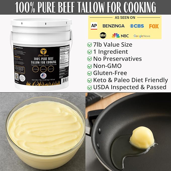 100% Pure Beef Tallow for Cooking &amp Deep Frying - 7lb Bulk Size - Food Grade Non-GMO | Nose to Tail | Made in USA | Gluten-Free | Great For Roasting Baking Cast Iron Seasoning Candles &amp So