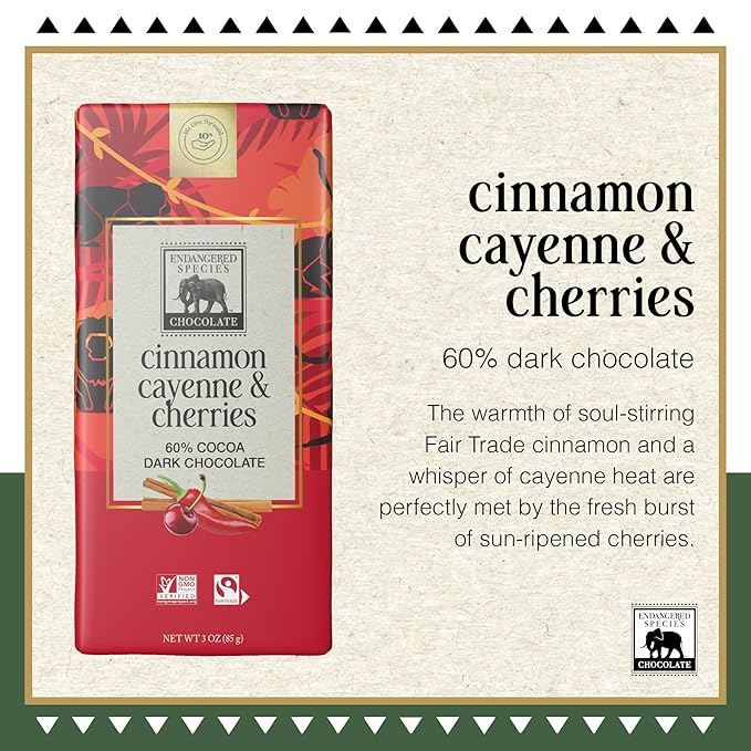 Endangered Species Natural Dark Chocolate Bar with Cinnamon Cayenne and Cherries 3 Ounce - 12 per case.