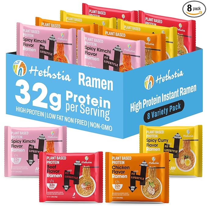 Hethstia High-Protein Ramen Variety Pack 8-Pack Instant Ramen Noodle Soup (Chicken Beef Spicy Kimchi Spicy Curry) 32g Plant-Based Protein Vegan Non-GMO Low Fat Pre-Packaged Quick Meal