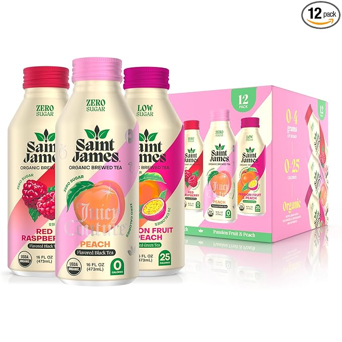 Saint James Iced Tea - Organic Black &amp Green Tea - Non GMO Gluten Free Low Calorie &amp Low Sugar - Party Variety Pack 12 Pack (16 fl oz each)