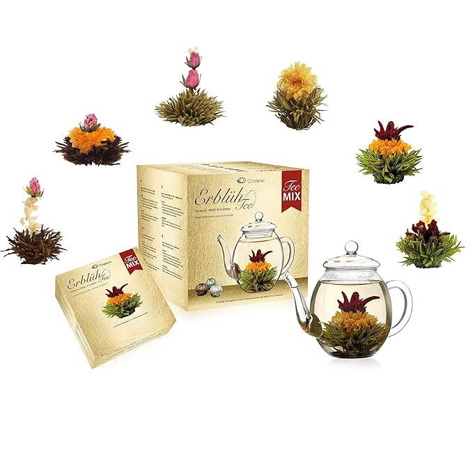 Creano Tea Flowers Mix Golden Gift Set Blooming Tea with Glass Teapot White Green &amp Black Tea in 6 Varieties Tea Flower Blooming Tea Gift for Women