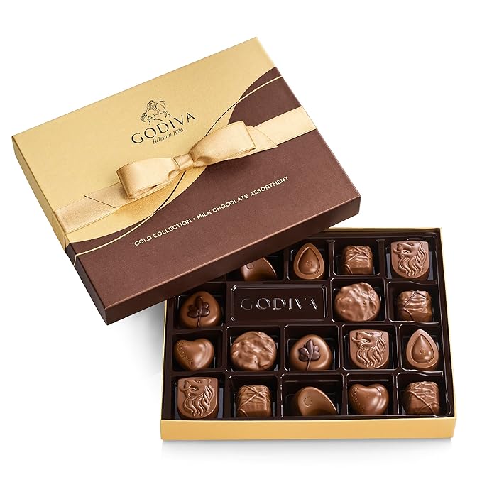 Godiva Milk Chocolate Gift Box- Praline in Milk Chocolate Assorted Chocolate Candy Gift Basket for Congratulations Birthday and Anniversary Gold Ribbon 18-Piece