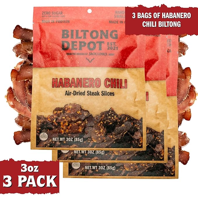 Biltong Depot Habanero Chili Biltong Slices Bundle - 3oz (3 Pack) | Air-Dried Beef Jerky Snack | Spicy Flavor| High Protein | Zero Sugar | Keto &amp Paleo Friendly | Gluten Free | No Artificial Prese