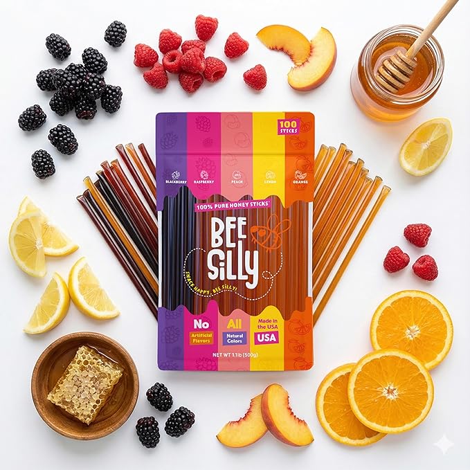 Bee Silly Flavored Honey Sticks - USDA Grade Single Serve Straws Only 15 Calories Each - Pure Natural Ingredients No Artificial Colors or Additives - Portable Energy Snack for Kids (100 pack Variet