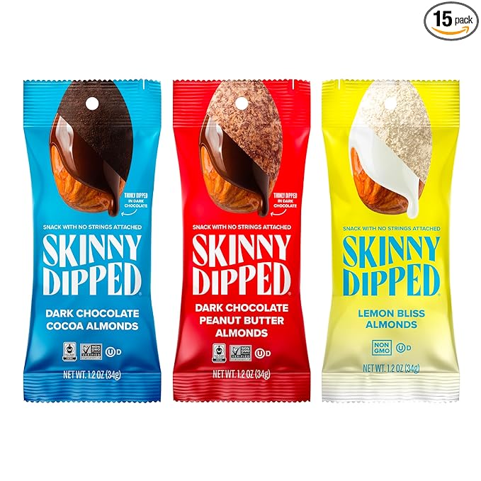 SkinnyDipped Snack Attack Almond Variety Pack Chocolate Covered Almonds Low Sugar Gluten Free Healthy Snack 1.2 Ounce Bags (Pack of 15)