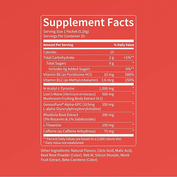 Nello Superfocus – Nootropic Focus Drink Mix for Productivity Caffeine L-Theanine Rhodiola Rosea Alpha-GPC Lion’s Mane Tyrosine Sugar-Free Packets - With Caffeine (Pack of 20) (20 Servings (Caf