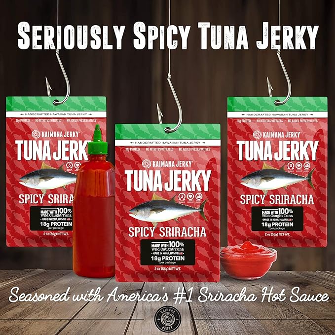 Sriracha Tuna Jerky - Wildly Delicious Yellowfin Ahi Fish Jerky - Made with Americas Original Spicy Sriracha Hot Sauce - 3 Pack