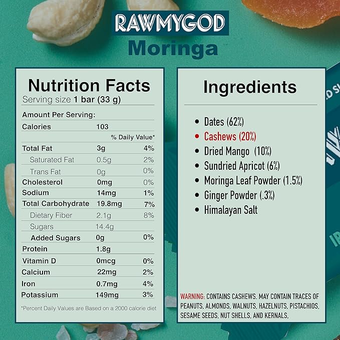 RAWMYGOD Fruit and Nut Bars Gluten Free Vegan No Added Sugar (20 bars Moringa)