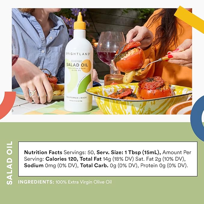 Brightland Everyday Salad Oil Tossng Mixing &amp Dressing - 100% Extra Virgin Olive Oil with Squeeze Bottle - High Polyphenol - Sourced from California Family Farms - 750ml