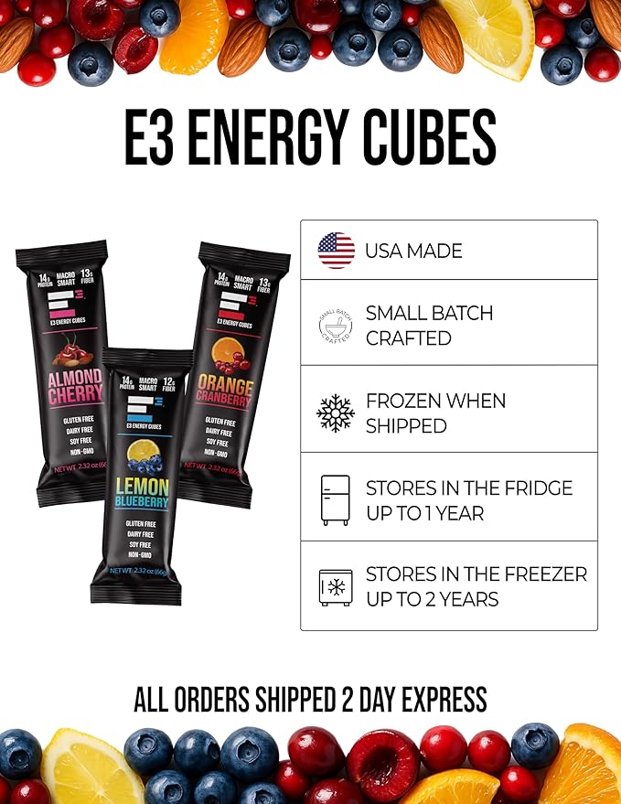 E3 Energy Cubes- Fruit Fanatic Variety Pack - Almond Cherry Orange Cranberry &amp Lemon Blueberry Refrigerated Protein Bars - 66g Protein Per Bar | Gluten Free Dairy Free Soy Free Non-GMO No Ar
