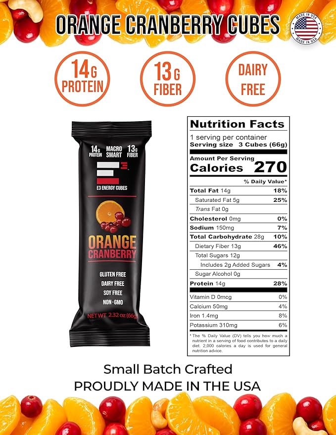 E3 Energy Cubes- Orange Cranberry Refrigerated Protein Bars | Gluten Free Dairy Free Soy Free Non-GMO Macro Smart Prebiotic Fiber Prebiotic Fiber | High-Protein Healthy Snack Bars | Made in USA