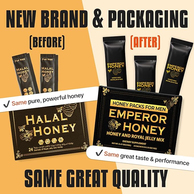 Halal Honey Extra Strength For Men Raw Organic Honey with Premium Natural Royal Jelly Bee Pollen &amp 100% Pure (Large Pack of 24 Honey Packets)