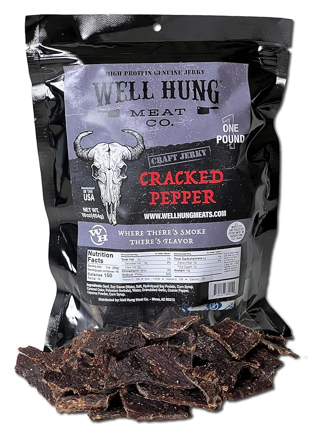 Well Hung Meats Cracked Pepper Beef Jerky One Pound Resealable Craft Jerky Bag (16oz)