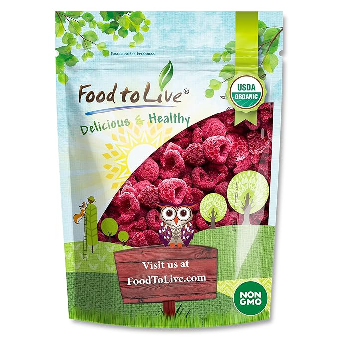 Food to Live Organic Freeze-Dried Raspberries 12 Ounces – Whole Natural Berries No Sugar Added Vegan and Nutritious Snack Perfect for Smoothies and Baking Non-GMO Kosher Bulk