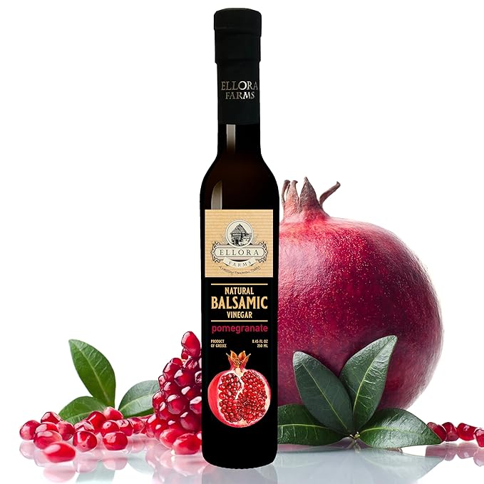 Ellora Farms Pomegranate Infused Thick Aged Balsamic Vinegar No-Added Sugar No-Preservatives Real Fruit Glass Bottle 8.45 oz.