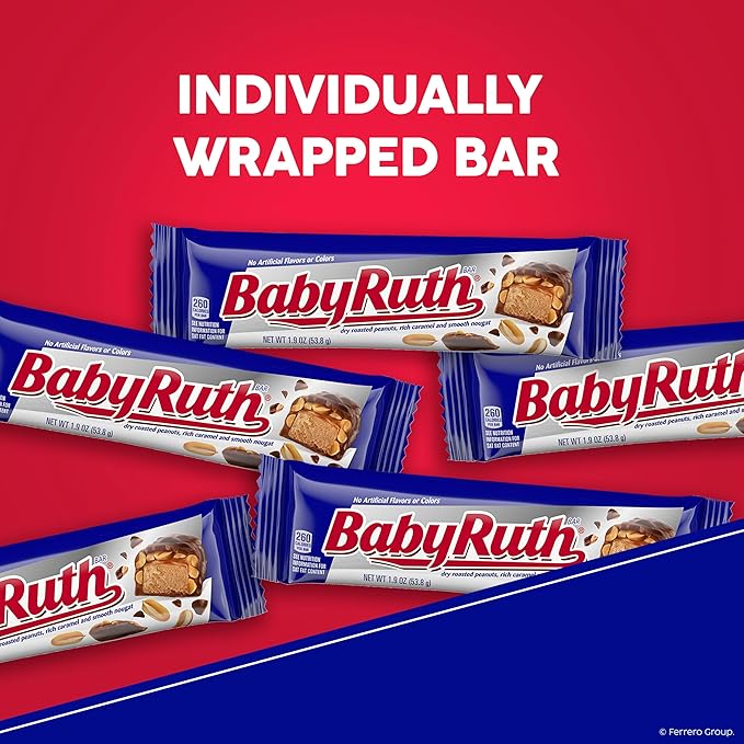 Baby Ruth Candy Bar with Chocolatey Caramel Peanuts and Nougat 2 Piece Share Pack 3.3 oz Bulk 18 Pack