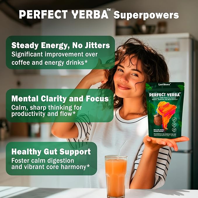 Perfect Yerba Instant Yerba Mate Tea Powder Drink – Mango Peach – Clean Energy + Focus + Gut Support (100mg Natural Caffeine Lion’s Mane L-Theanine Prebiotic + Probiotic + Enzymes) – 0g Sugar 30 S
