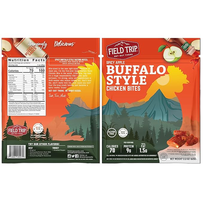 Field Trip Chicken Jerky Bites All Natural and Gluten Free Keto and Paleo-Friendly Healthy Snack Low Calorie High Protein Snacks with No Nitrates 2.2oz Bag 4 Pack Spicy Buffalo Style