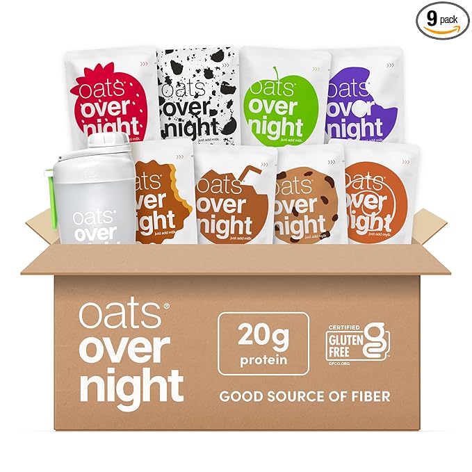 Oats Overnight Party Variety Pack - High Protein High Fiber Breakfast Protein Shake - Gluten Free Oatmeal Non GMO Oatmeal - Cookies &amp Cream Coconut Cream Pie &amp More Flavors (8 Pack + Shaker