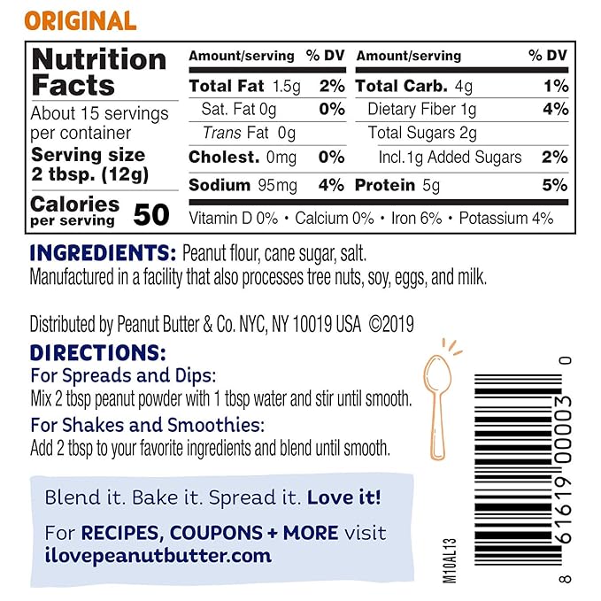Peanut Butter &amp Co. Original Peanut Powder 5g Protein 0g Sugar Added 50 Calories per Serving 90% Less Fat Non-GMO Project Verified Vegan &amp Gluten Free Peanut Butter Powder 6.5 oz Jars (