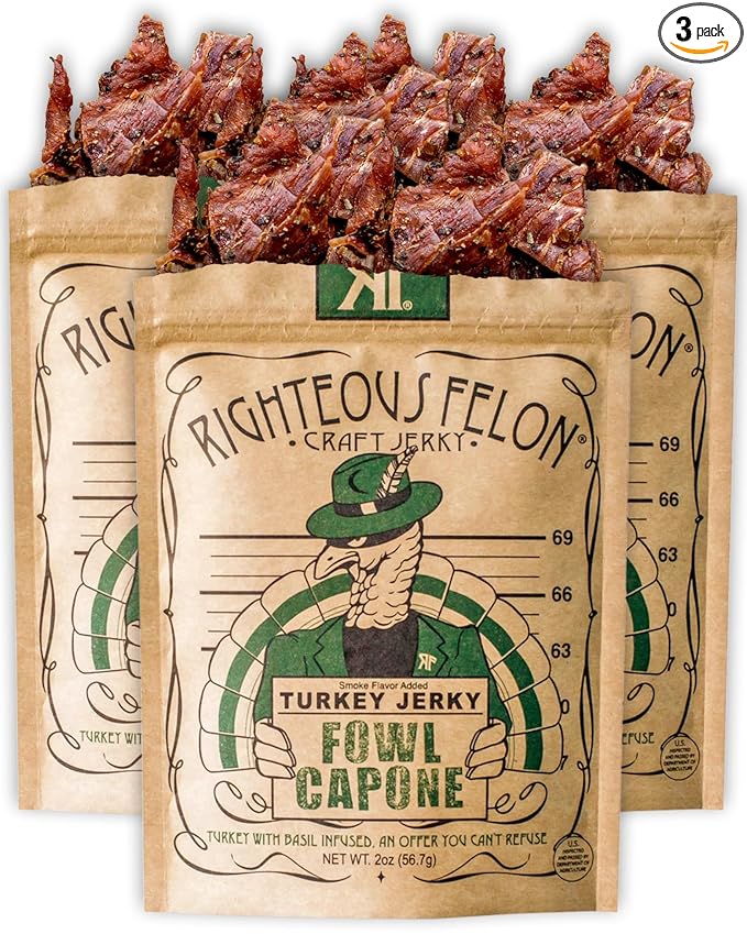 Righteous Felon Turkey Jerky - Basil Infused - All Natural Hormone and Preservative Free Protein Packed Snack - Low Sugar High-Protein Healthy Turkey Jerky For People - 3 Pack