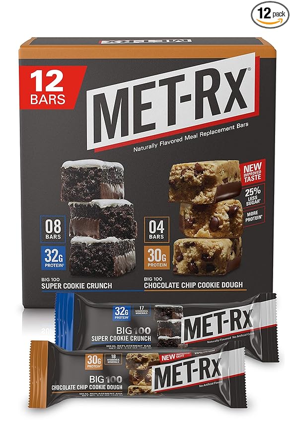 MET-Rx Big 100 Protein Bars Meal Replacement Bars Variety Pack - Super Cookie Crunch and Chocolate Chip Cookie Dough Bars 12 Count 3.52 Oz.