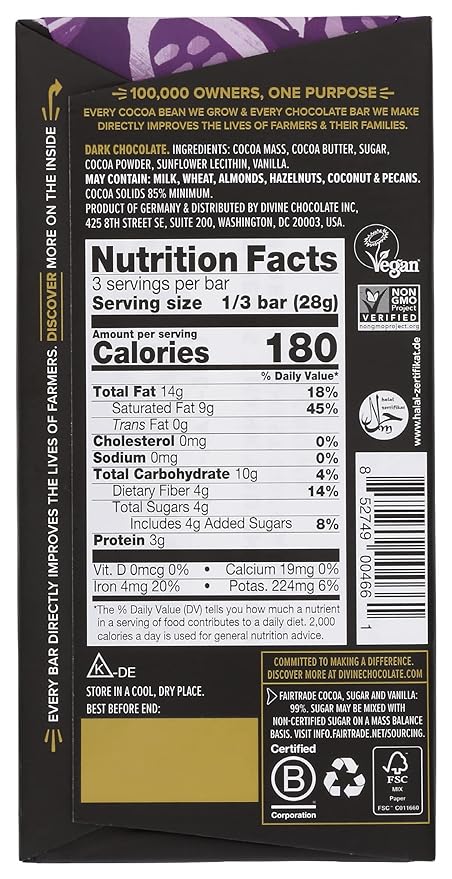 Divine Chocolate Bars - 85% Dark Chocolate - Made with Fairtrade Cocoa Natural Ingredients No Artificial Flavors | 3oz. Bars (12 Pack) Brand: Divine Chocolate