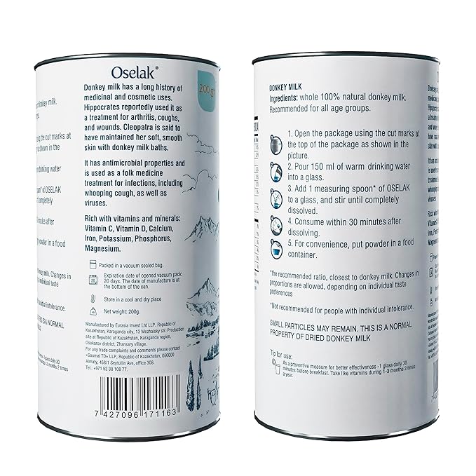 OSELAK Donkey Milk Powder 200g Pure and 100% Natural High in Calcium Iron and Vitamin D Similar to Mother's milk Rich in Whey protein Vitamins and Minerals Nothing added Nothing removed