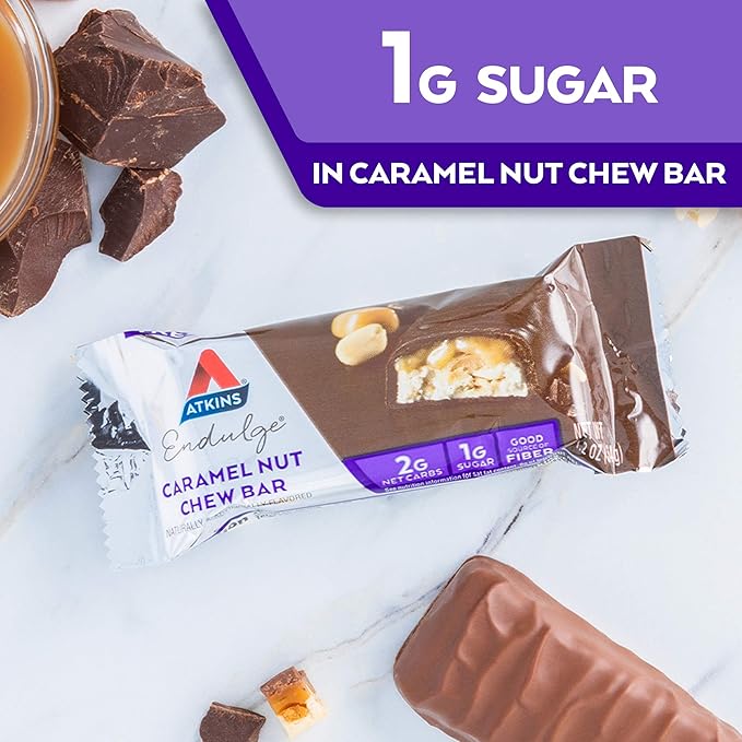 Atkins Endulge Caramel Nut Chew Bar Dessert Favorite 1g Sugar Good Source of Fiber Low Sugar 10 Count &amp Endulge Chocolate Coconut Bar Dessert Favorite High in Fiber 1g Sugar 16 Count