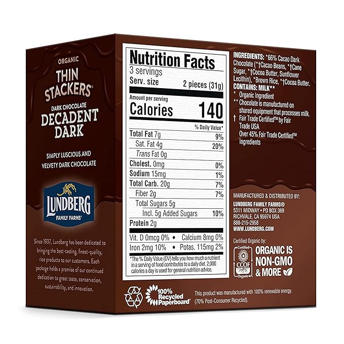 Lundberg Organic Thin Stackers Rice Cake Decadent Dark Chocolate Fair Trade Kosher USDA Certified Organic Gluten Free &amp Non-GMO 3.3 Ounce (Pack of 6)