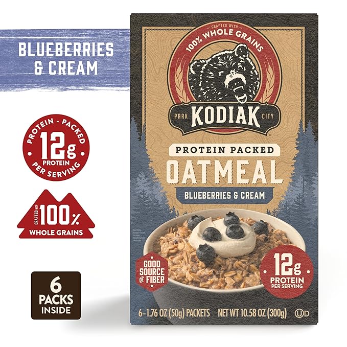 Kodiak Instant Oatmeal Packets Blueberries &amp Cream High Protein 100% Whole Grains 6 boxes with 6 packets (36 packets)