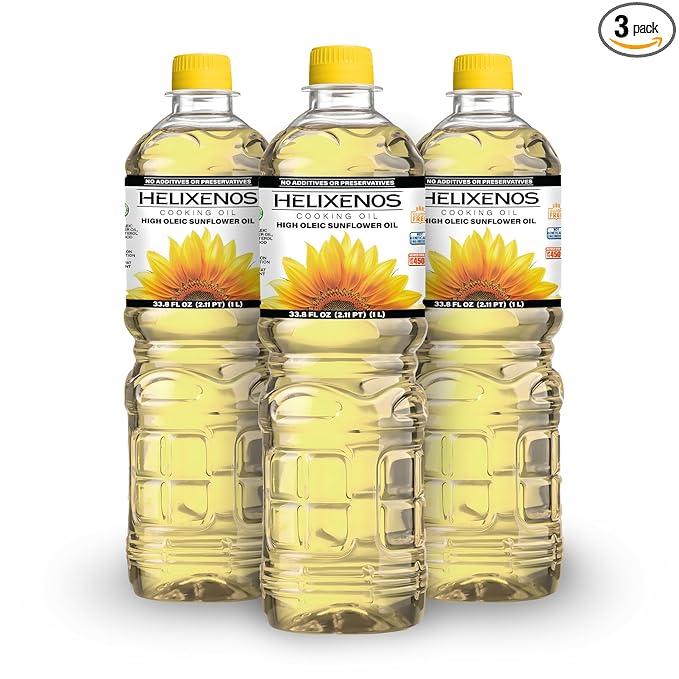 HELIXENOS High Oleic Sunflower Oil – Refined Deodorized &amp Winterized Non-GMO Gluten-Free Heart-Healthy Cooking Oil for Frying Baking Salad Dressing &amp Skincare (33.8 Fl Oz x3)