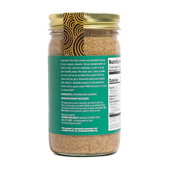 Artisana Organics Raw Almond Butter 14oz | USDA Organic No Sugar Added No Palm Oil Vegan Paleo and Keto Friendly Non GMO