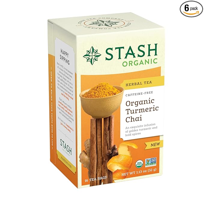 Stash Tea Organic Turmeric Chai Caffeine-Free Non-GMO Project Verified Serve Hot or Iced 96 Tea Bags 16 count (6 pack)