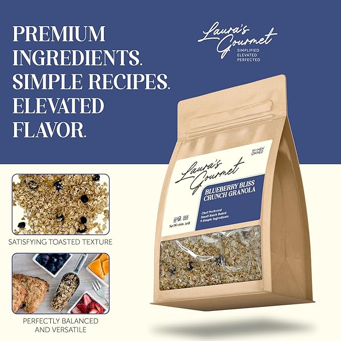 Laura's Gourmet Granola - BlueBerry Bliss Crunch - Gluten Soy &amp Dairy Free - Organic Agave Chewy Blueberries Citrus &amp Flax Vegan Artisan Chef's Trifecta of Taste Texture &amp Mouthfeel
