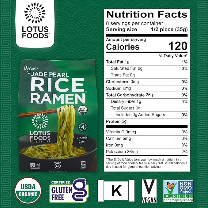 Lotus Foods Jade Pearl Organic Rice Ramen - Gluten Free Rice Ramen Whole Grain Ramen Noodles Organic Vegan Rice Noodles Low Sodium Non Gmo Usda Organic - 10 Oz Bags (Pack Of 6)