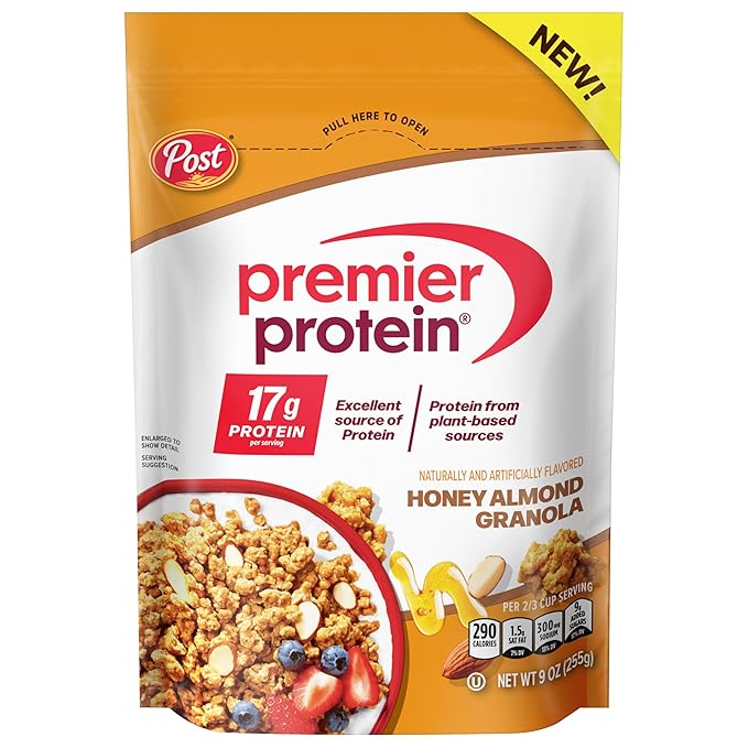 Premier Protein Granola Honey Almond Flavored Crunchy Clusters Yogurt Topping or On-The-Go Snack 9 oz Resealable Bag (Pack of 5)