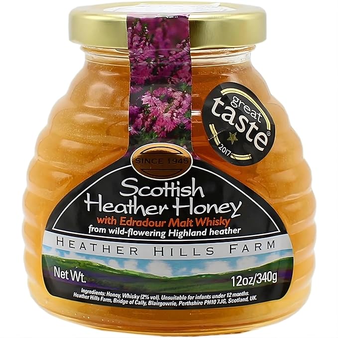 Heather Hills Farm Scottish Heather Honey with Whiskey 340g (12oz) - Highland Heather Honey Infused with Scotch Whiskey Authentic Scottish Food Gift Imported Gourmet Spread Made in Scotland