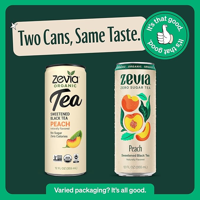 Zevia Zero Sugar Tea Black Tea with Peach 12 oz Cans (12-Pack) – Naturally Sweetened Zero Calorie Sugar Free - Non-GMO Project Verified Gluten-Free Vegan
