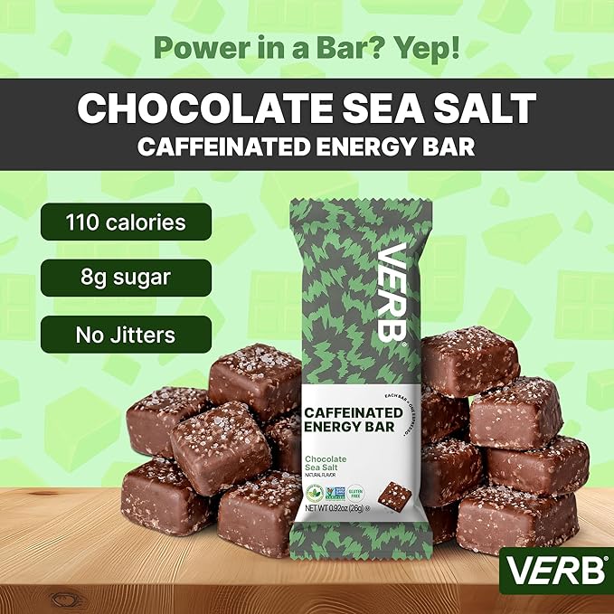 Verb Caffeinated Energy Bars Chocolate Sea Salt (26g Pack of 16) 110-Calorie Delicious Low Sugar Energy Bar - Vegan Gluten Free On-the Go Snack with 80mg Green Tea Caffeine Only Real-Food Ingredients