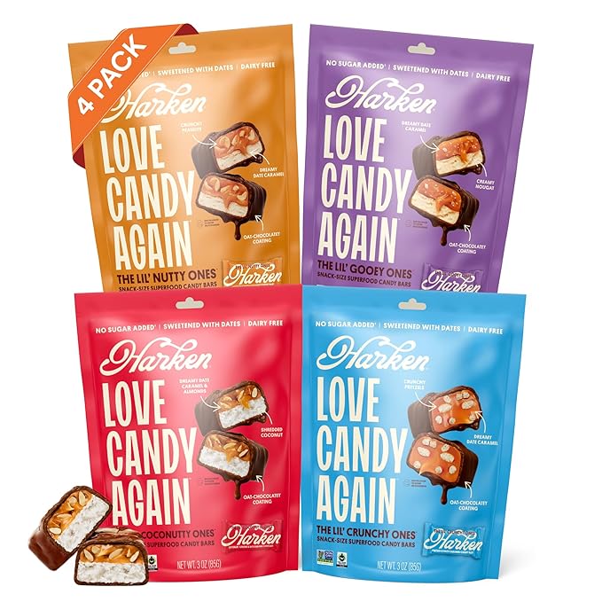 Harken Sweets Lil’ Ones Variety Pack Mini Oat Milk Chocolate Candy Bars Sweetened with Dates No Sugar Added High Fiber Snack Dairy Free Lower Calorie Plant-Based 4 Pouches (20 Bars)